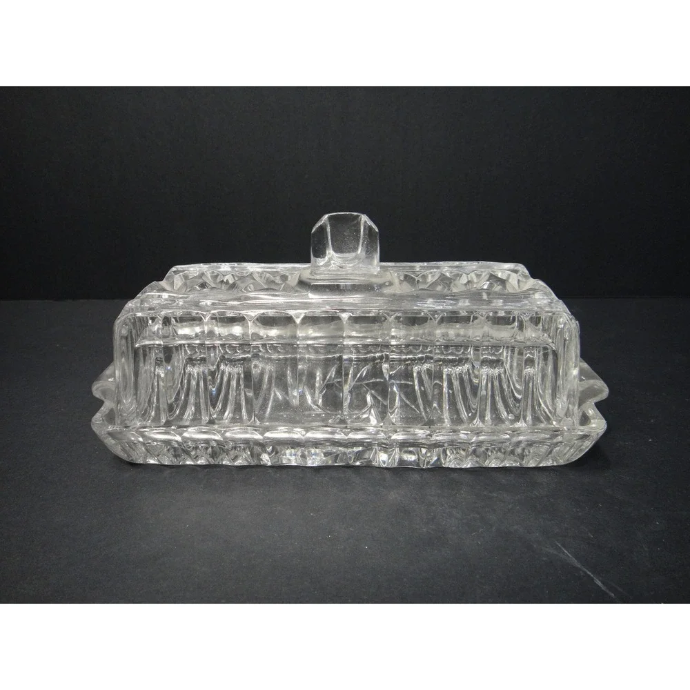 Vintage Clear Pressed Glass Butter Dish with Lid Starburst Pattern Rectangular